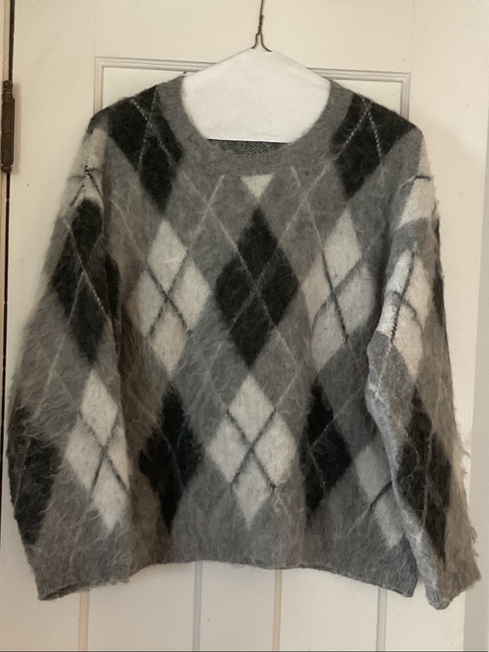 SHEIN Gray and Black Fuzzy Argyle Crewneck Sweater